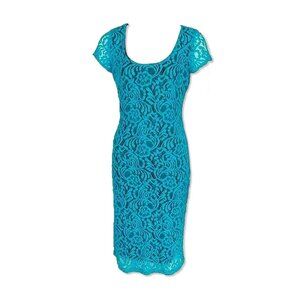 NWT Sheath Cocktail Dress Teal Lace Overlay Over Black -Womens Size 8 Eva Mendes